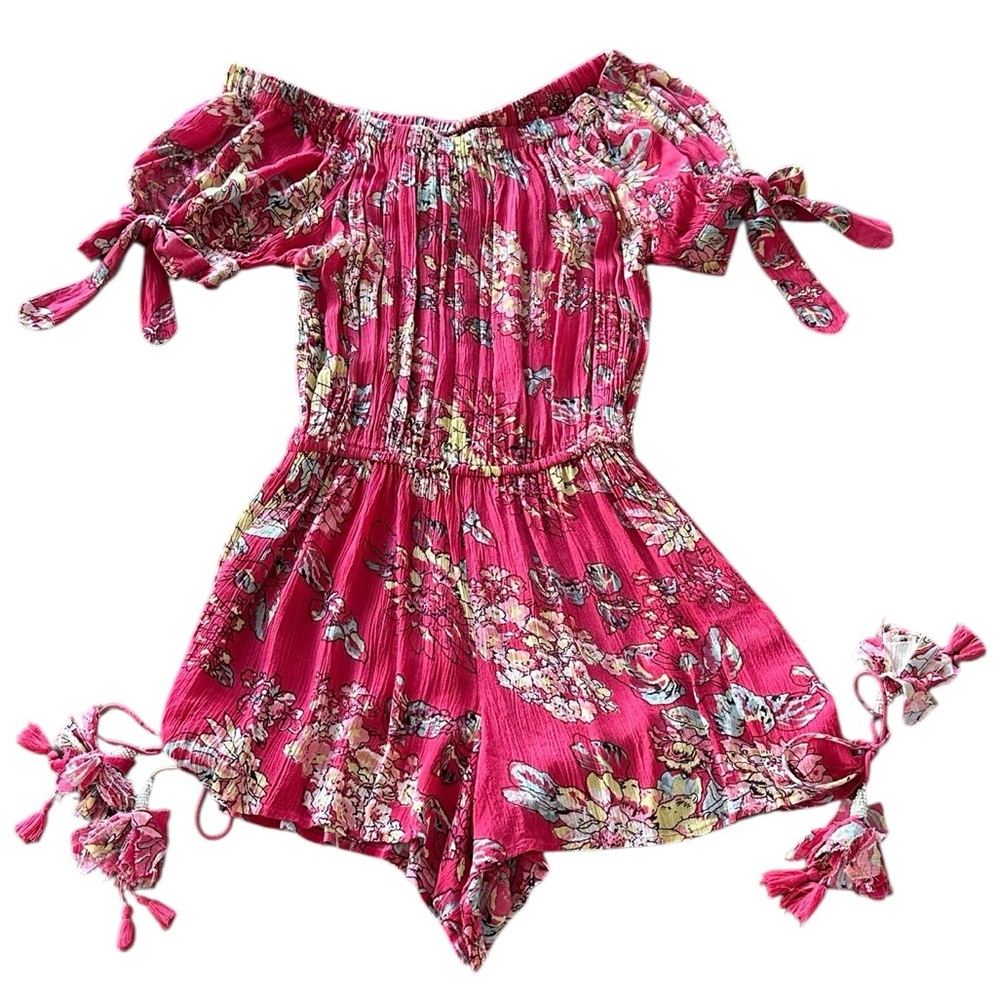 NEW Z & L Multi-floral Print Off the-Shoulder Romper Tassel Ties Boho Size Small